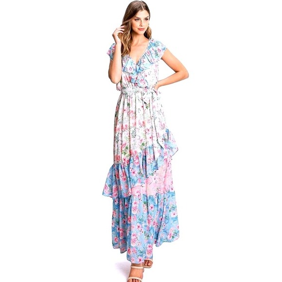 LOVE COLETTE by Flying Tomato Floral Maxi‎ Dress Ruffle Cottagecore Boho Small - Picture 1 of 8